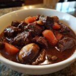 Close-up of rich beef stew with carrots and mushrooms, showcasing The Authentic Flavor Experience.