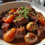 Close-up of rich beef stew with carrots and mushrooms, showcasing The Authentic Flavor Experience.