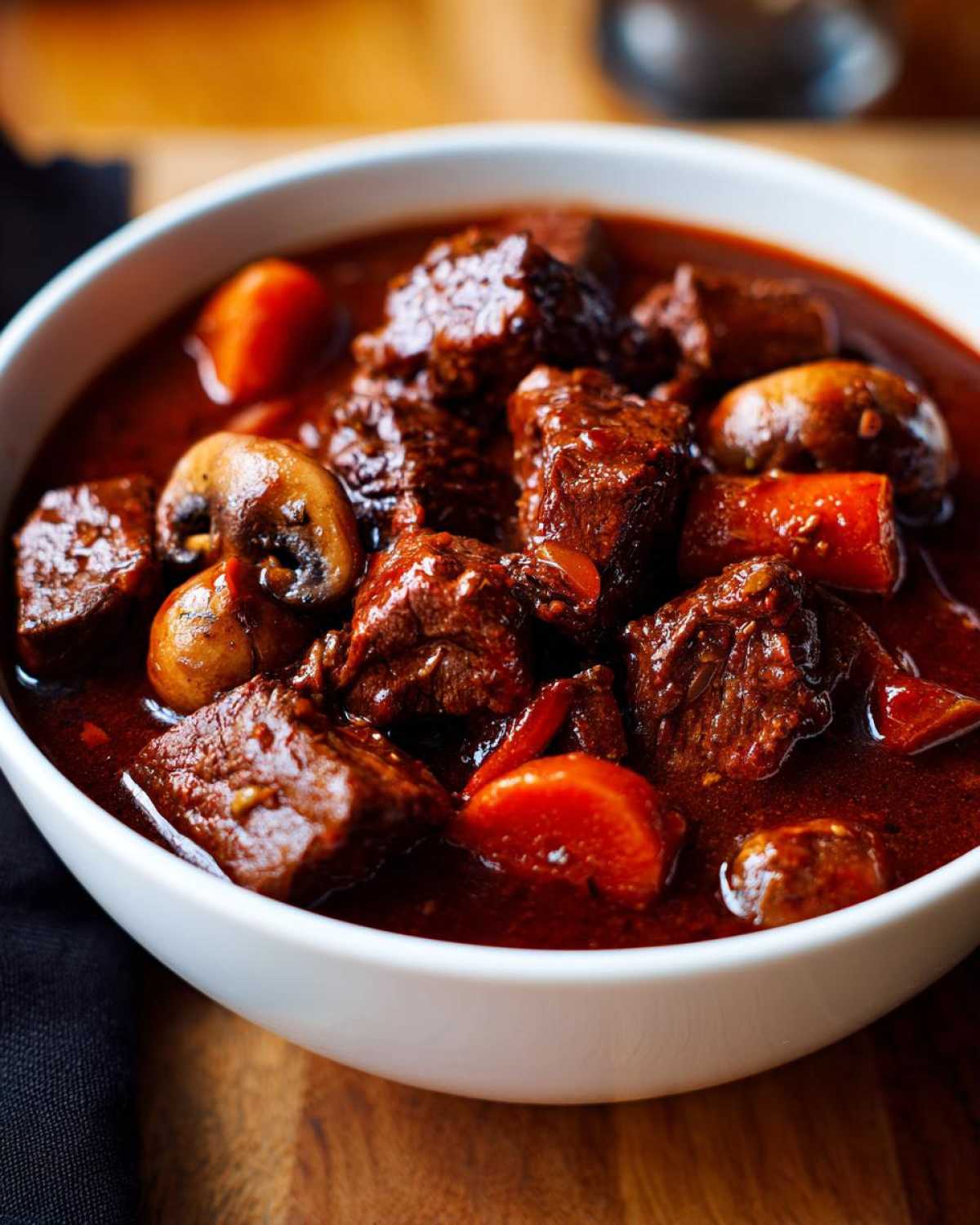 Close-up of rich, dark beef stew with mushrooms and carrots, embodying The Authentic Flavor Experience.