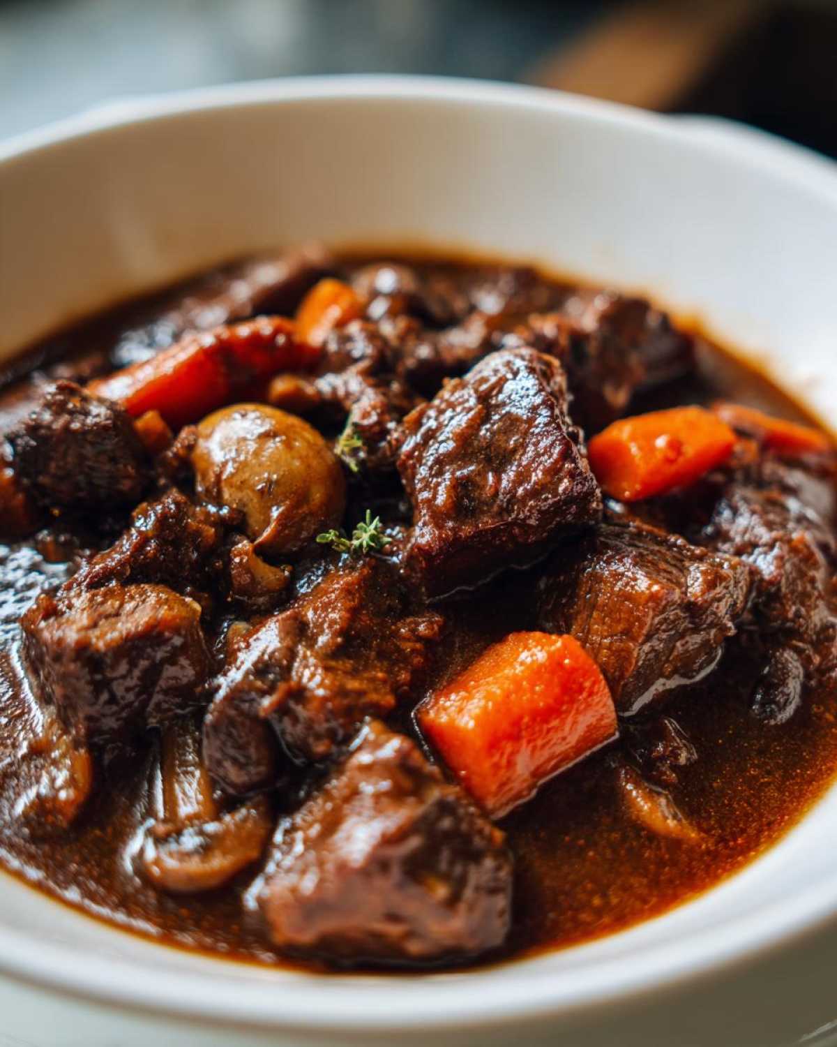 Close-up of rich, dark beef stew with carrots and mushrooms, symbolizing The Authentic Flavor Experience.