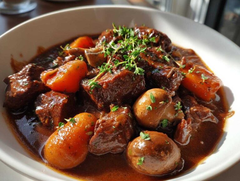 Close-up of rich beef stew with carrots and mushrooms, showcasing The Authentic Flavor Experience.