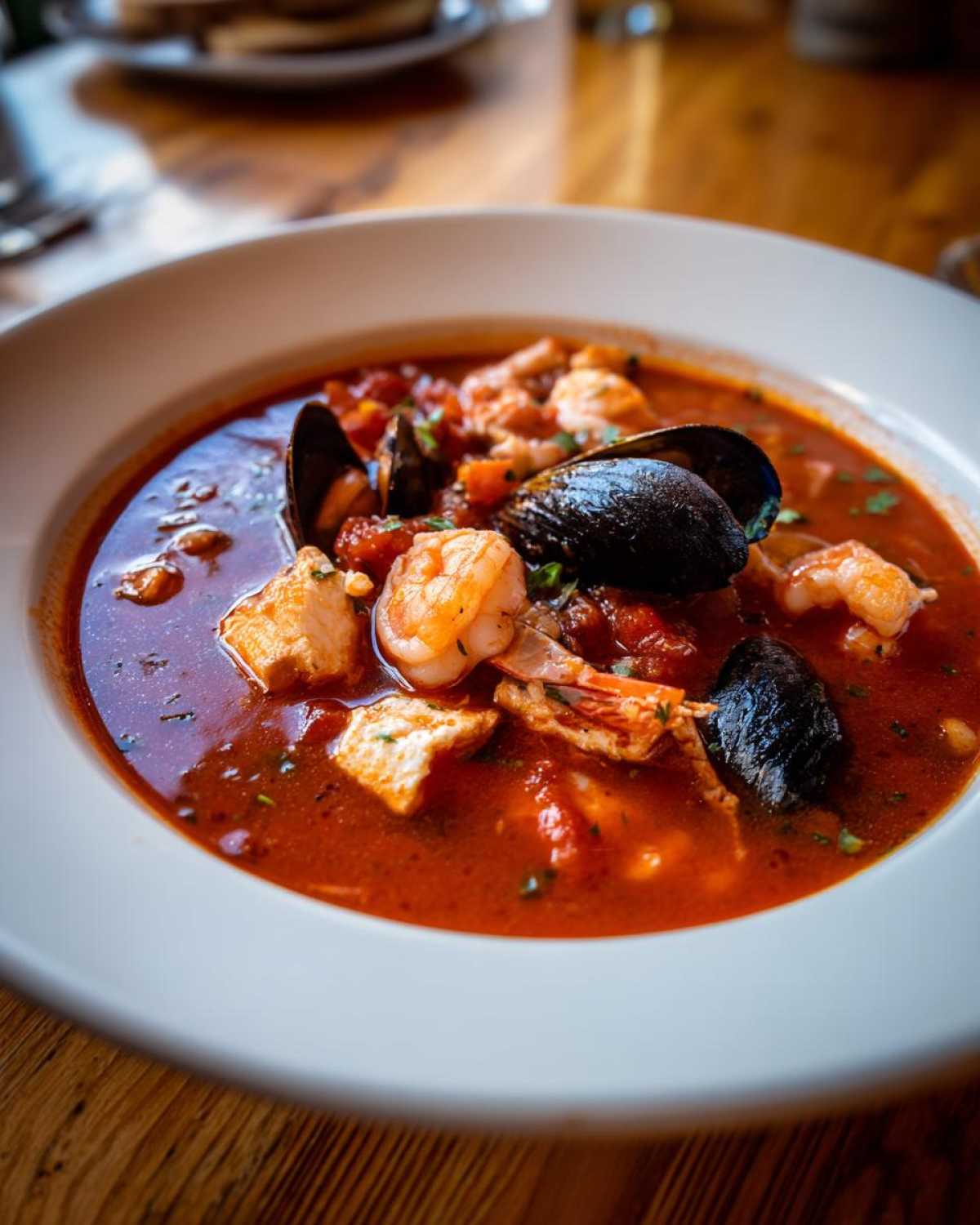 Close-up of a bowl of rich, red broth Cioppino filled with shrimp, mussels, and white fish chunks.