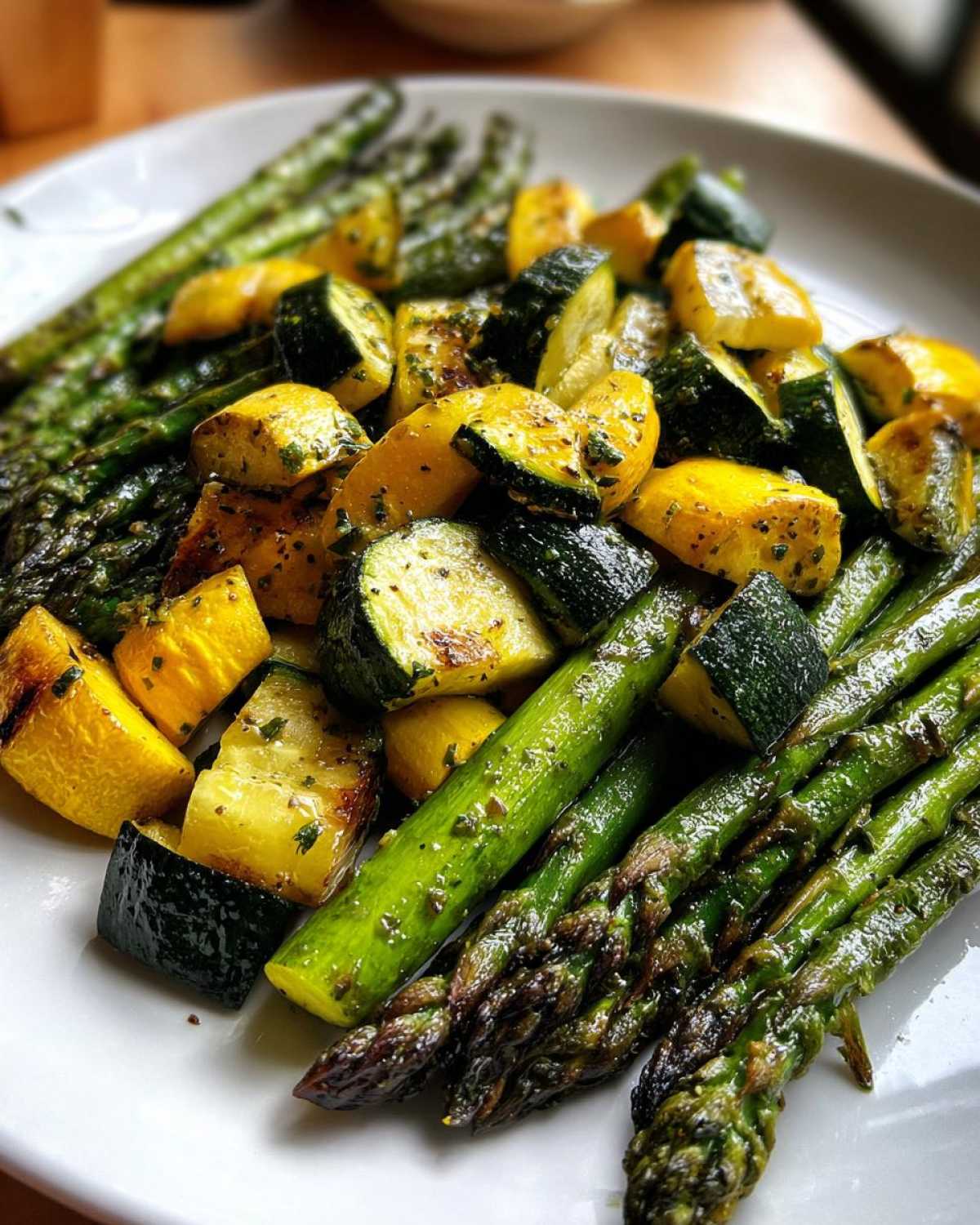 Close-up of perfectly roasted Asparagus with Zucchini and Squash tossed in herbs on a white plate.