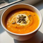A close-up of vibrant orange Roasted Butternut Squash Soup topped with a swirl of cream and toasted pumpkin seeds.