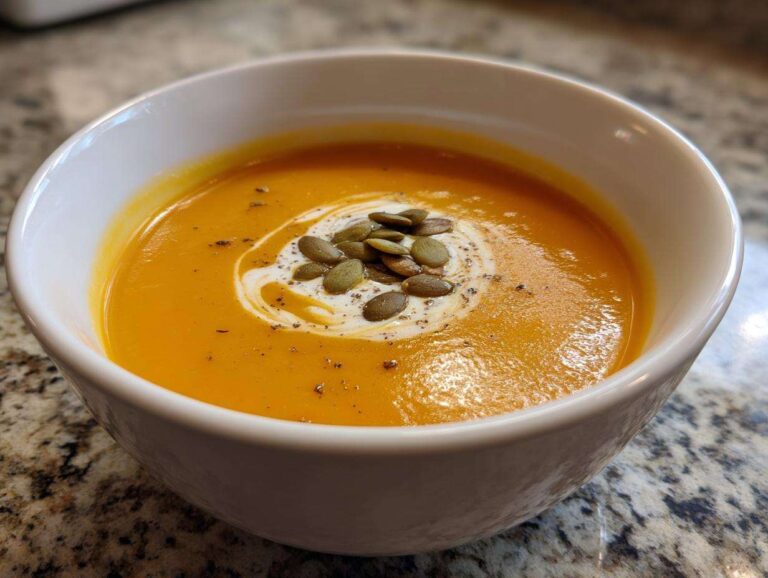 A close-up of a bowl of vibrant orange Roasted Butternut Squash Soup, garnished with cream swirl and pumpkin seeds.