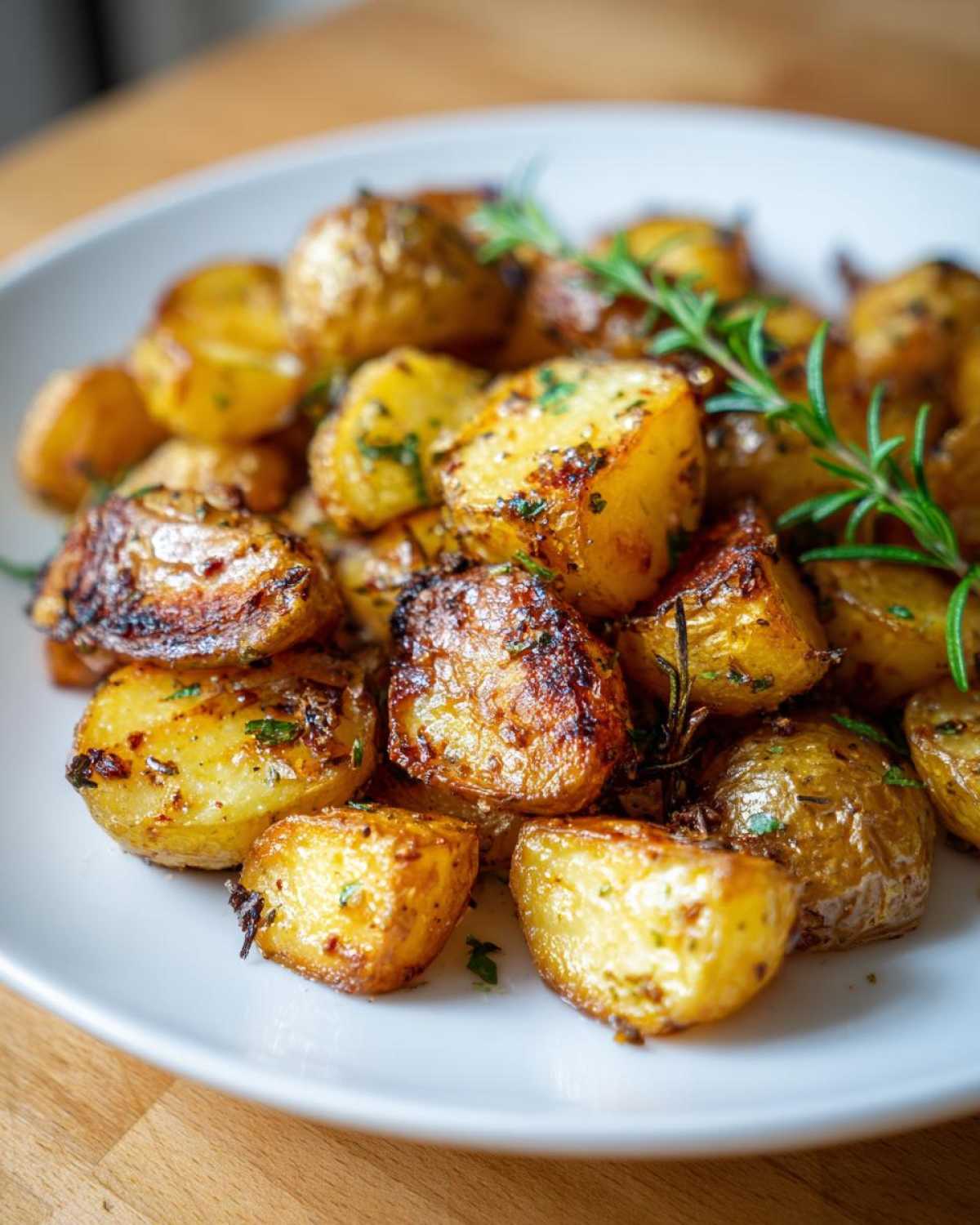Close-up of golden roasted potatoes seasoned with herbs, perfect as an amazing side dish for less than 10 bucks.
