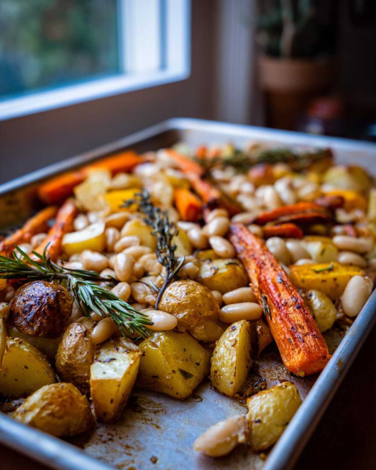 Close-up of a sheet pan filled with golden roasted potatoes, carrots, and cannellini beans, garnished with fresh rosemary for the Rustic Roasted Vegetable Bake.