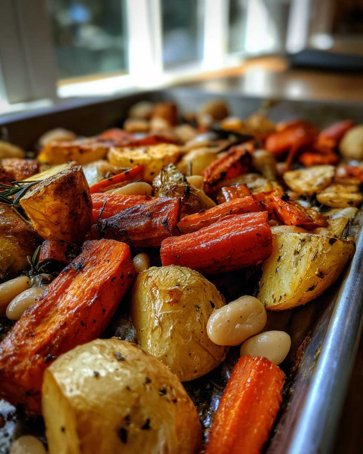 Close-up of roasted carrots, potatoes, and cannellini beans in a sheet pan for Rustic Roasted Vegetable Bake.