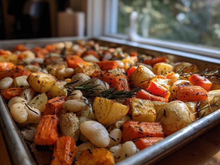 Close-up of a Rustic Roasted Vegetable Bake with Cannellini Beans, featuring caramelized potatoes, carrots, and rosemary on a sheet pan.