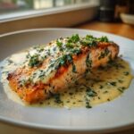 A perfectly cooked fillet of salmon topped with rich lemon cream sauce and fresh parsley.