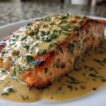 A close-up of a perfectly cooked fillet of salmon with rich Lemon Cream Sauce poured over it.