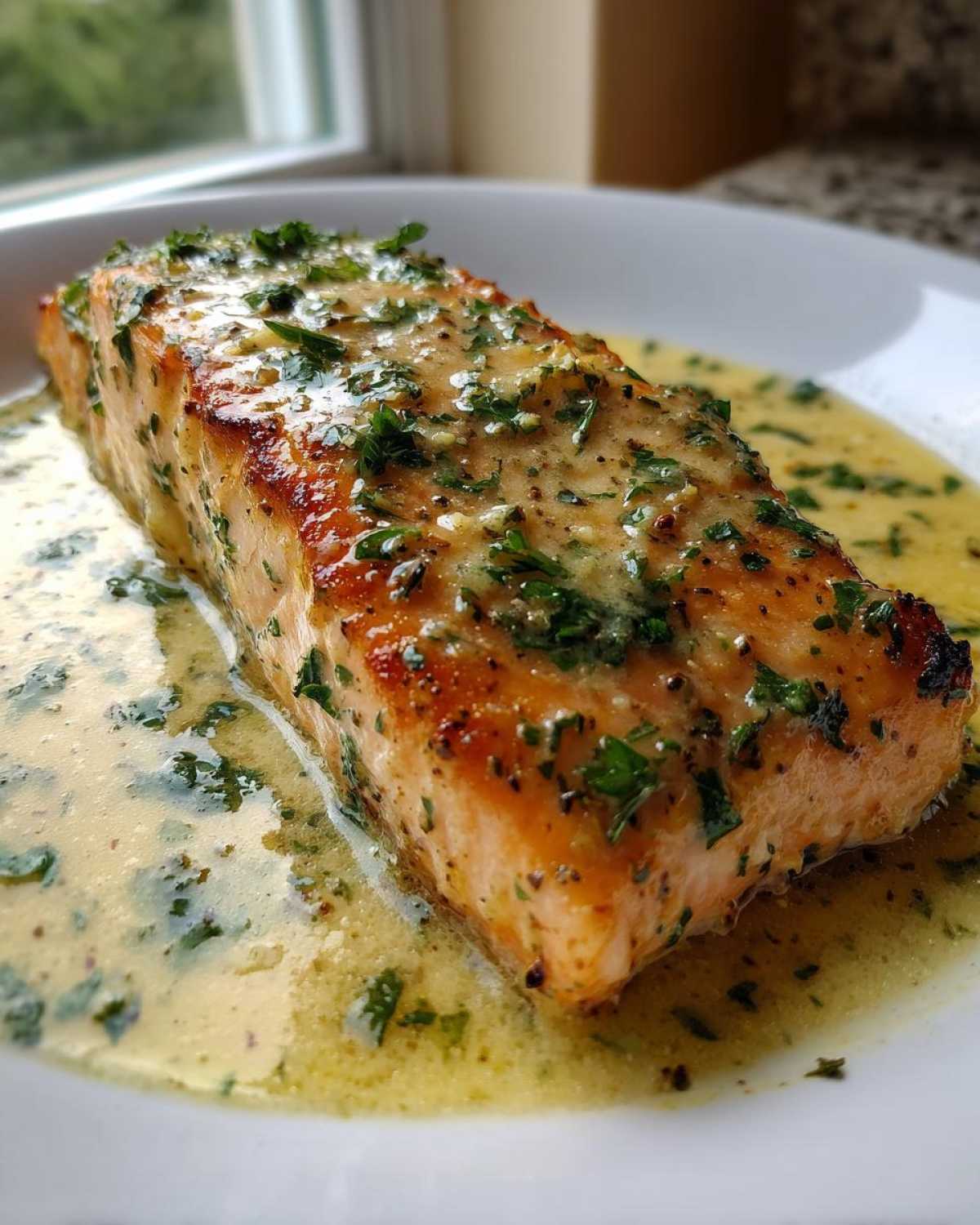 Close-up of a perfectly cooked fillet of salmon covered in rich Salmon with Lemon Cream Sauce and fresh parsley.