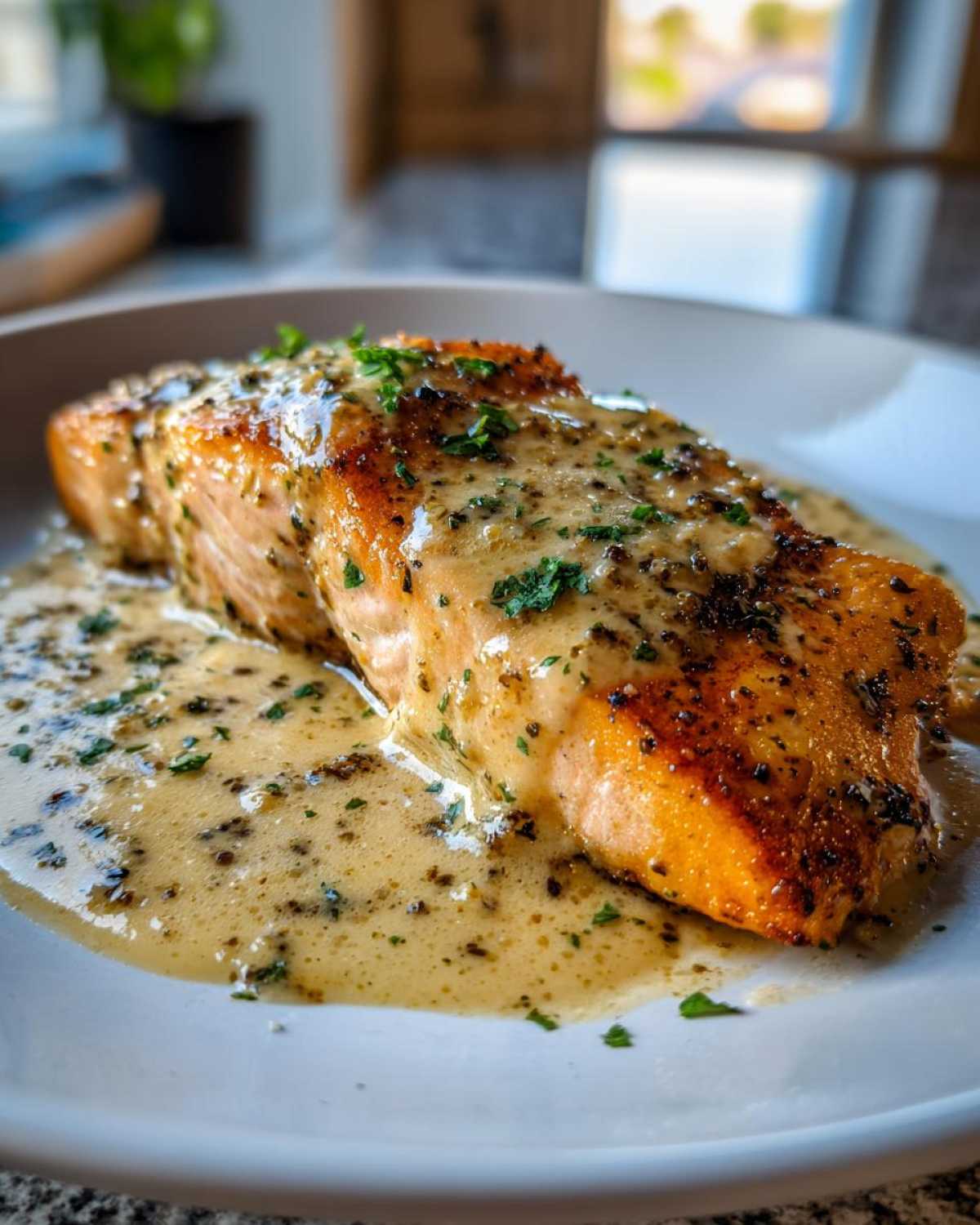 A perfectly cooked fillet of salmon generously covered in a rich Salmon with Lemon Cream Sauce and sprinkled with fresh parsley.