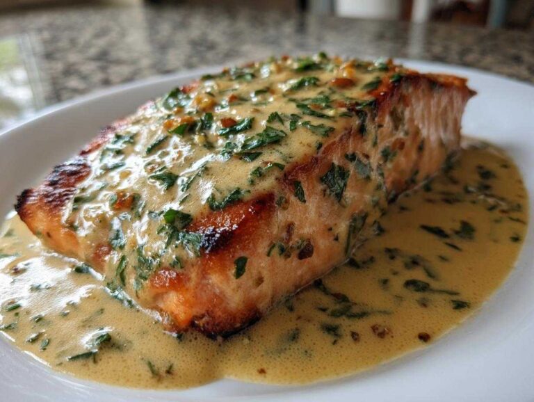 A close-up of a perfectly cooked fillet of salmon with rich Lemon Cream Sauce poured over it.