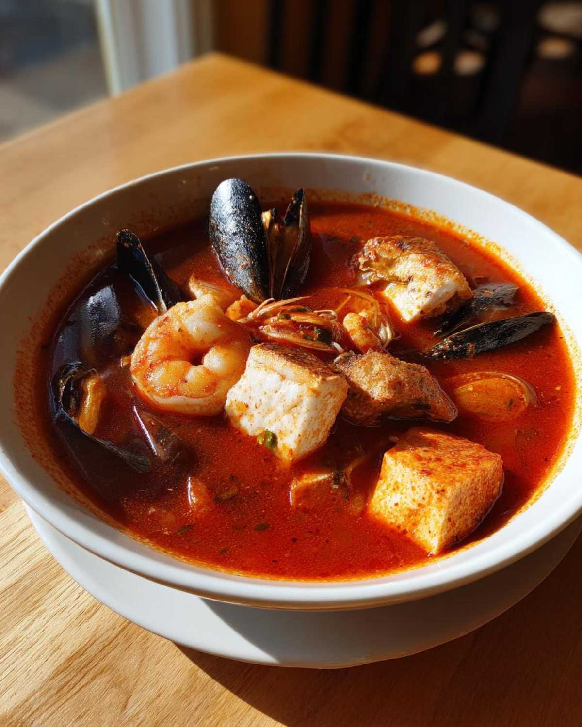 Close-up of a hearty bowl of bright red Cioppino soup filled with shrimp, mussels, and white fish chunks.