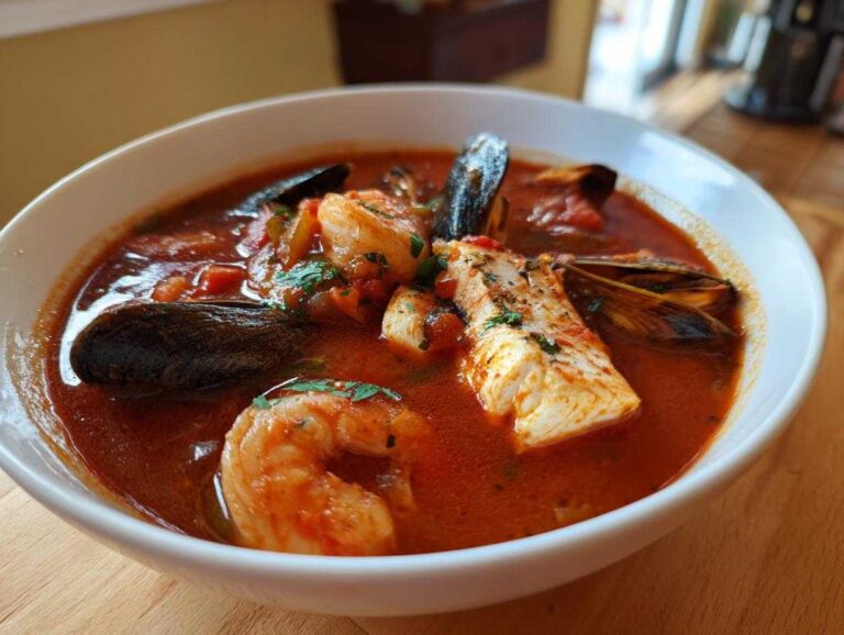 Close-up of a white bowl filled with rich, red tomato broth Cioppino, featuring shrimp, mussels, and a white fish fillet.
