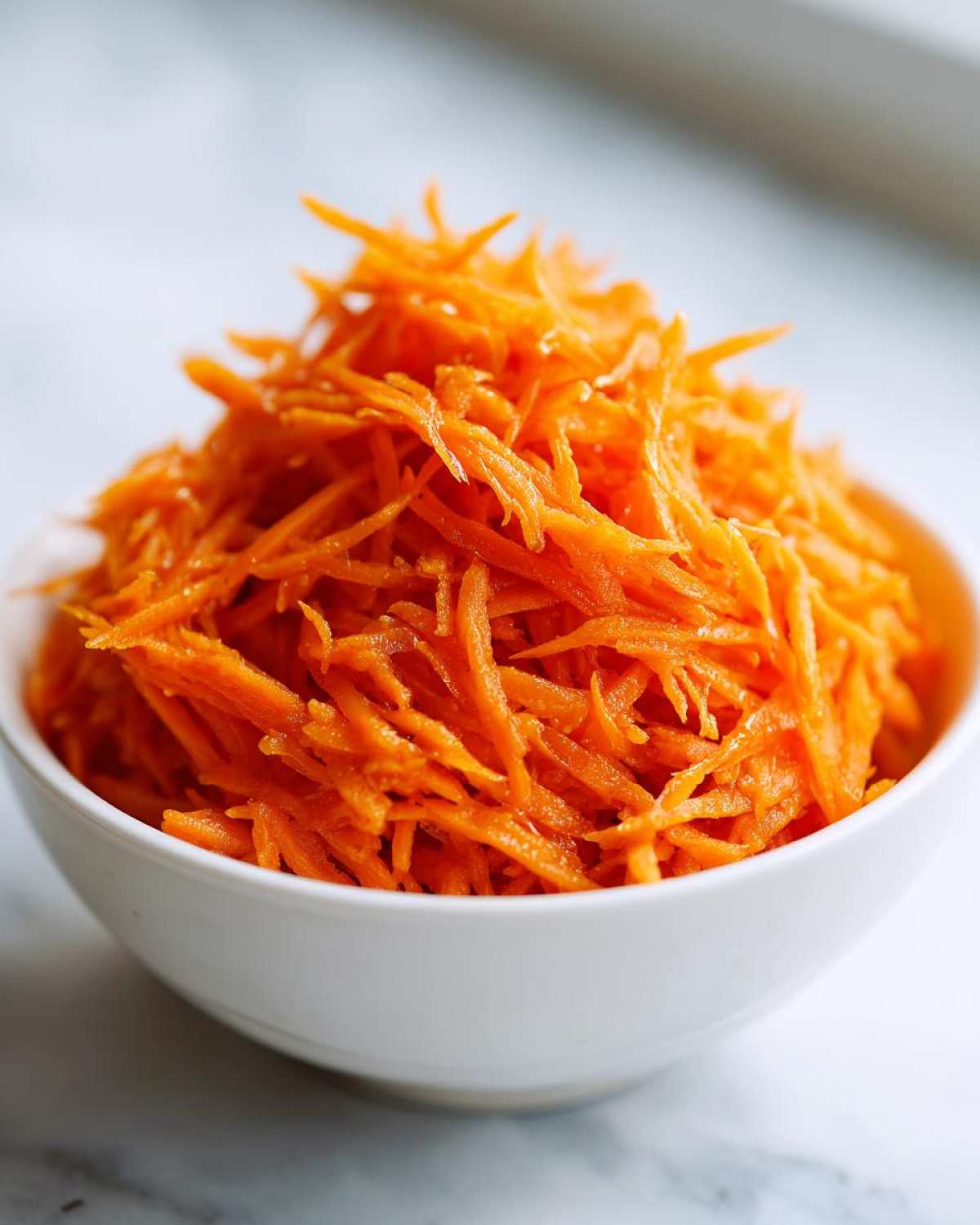 Close-up of finely shredded carrots piled high in a white bowl, ready for the Viral Tiktok Carrot Salad.