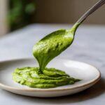 A spoonful of vibrant green Smoky Poblano Cream Sauce being drizzled onto a white plate, showing its thick texture.