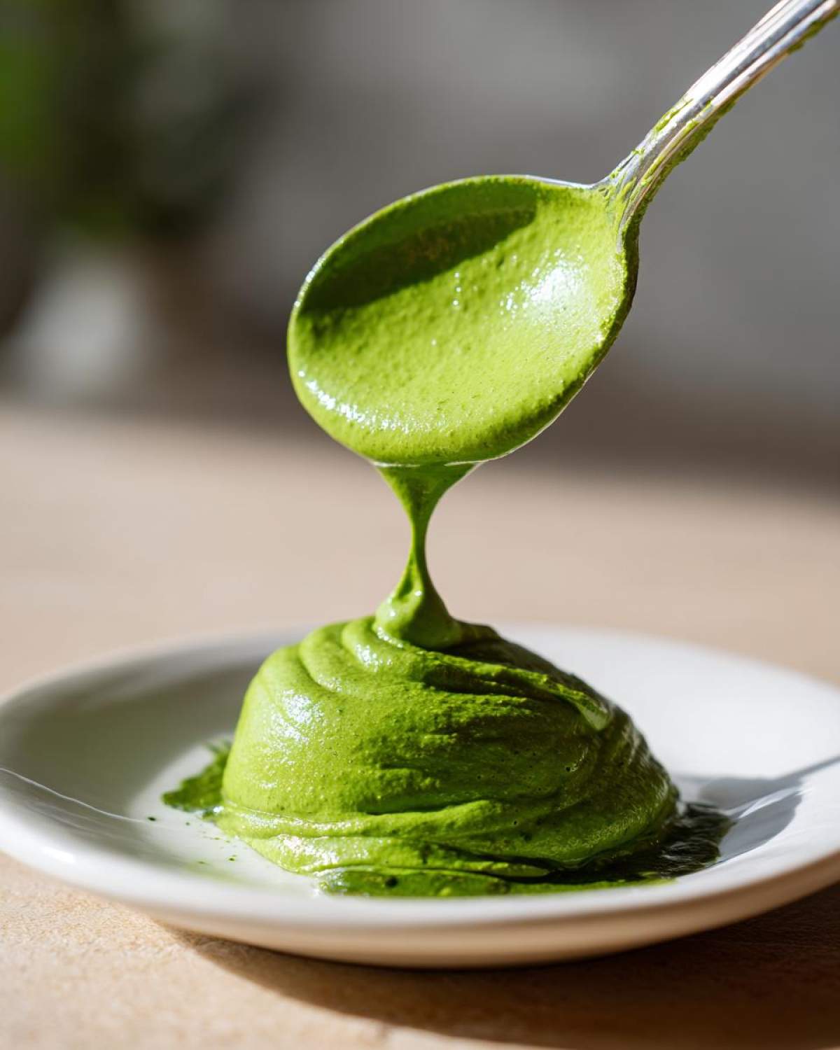 A spoonful of thick, vibrant green Smoky Poblano Cream Sauce is being drizzled onto a small mound of the sauce on a white plate.