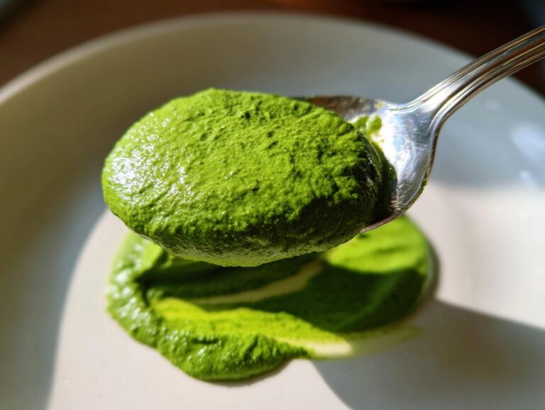 Master 1 Smoky Poblano Cream Sauce Secret Close-up of a spoonful of thick, vibrant green sauce being lifted over a dollop of the same sauce on a white plate, showcasing the texture of the Smoky Poblano Cream Sauce.
