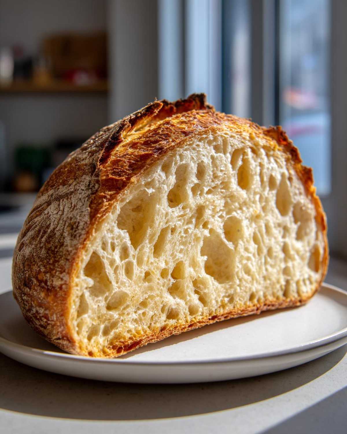 Close-up of a perfectly baked sourdough loaf cut in half, showcasing an open, airy crumb structure for Sourdough Recipes Need Try.