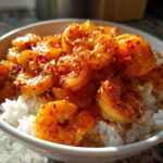 Close-up of a white bowl filled with white rice topped generously with bright orange, seasoned Spicy Cajun Shrimp and Rice Bowl.