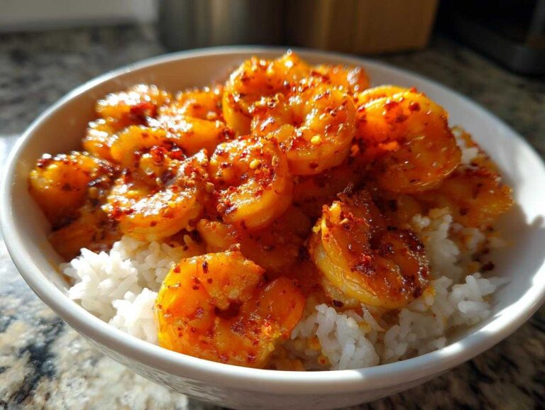 Close-up of a white bowl filled with white rice topped generously with bright orange, seasoned Spicy Cajun Shrimp and Rice Bowl.