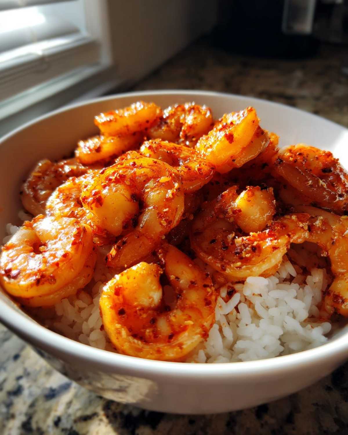 Close-up of a white bowl filled with white rice topped generously with bright red, seasoned Spicy Cajun Shrimp.