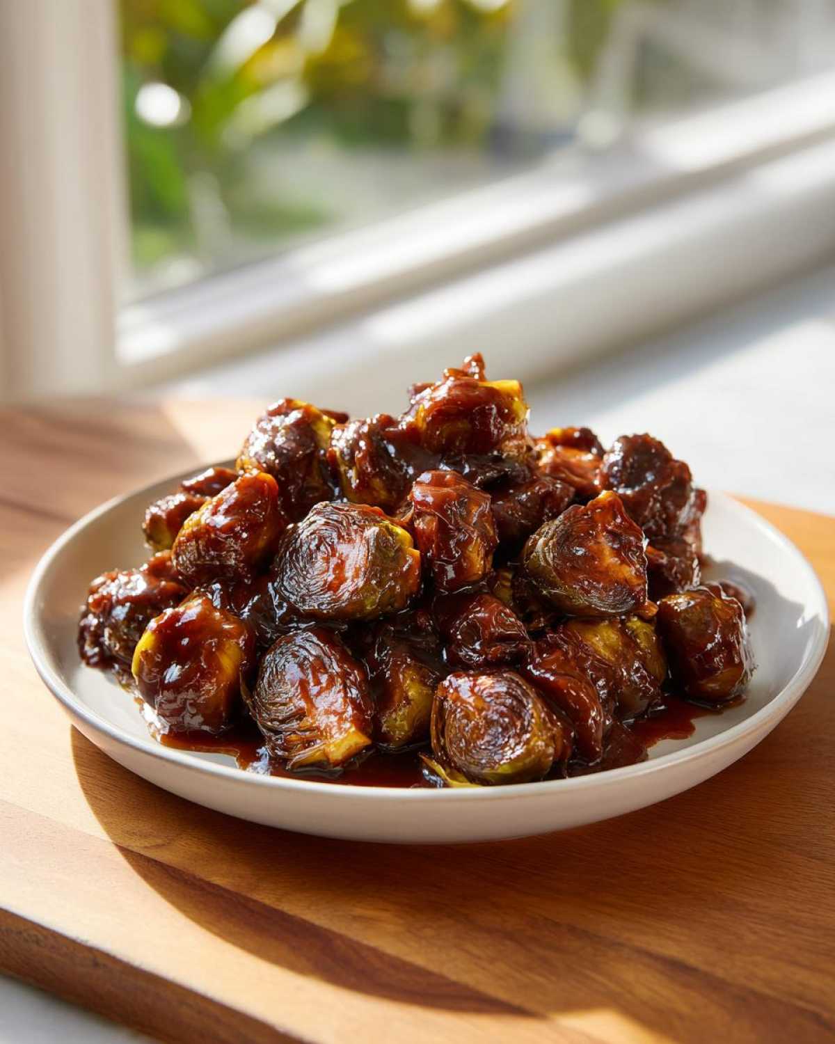 A plate of roasted Brussels sprouts heavily coated in a thick, dark Sticky Brussels Sprouts Glaze.