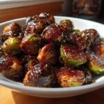 Close-up of roasted Brussels sprouts coated in a thick, shiny Sticky Brussels Sprouts Glaze served in a white bowl.