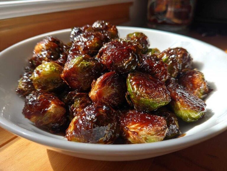 Close-up of roasted Brussels sprouts coated in a thick, shiny Sticky Brussels Sprouts Glaze served in a white bowl.