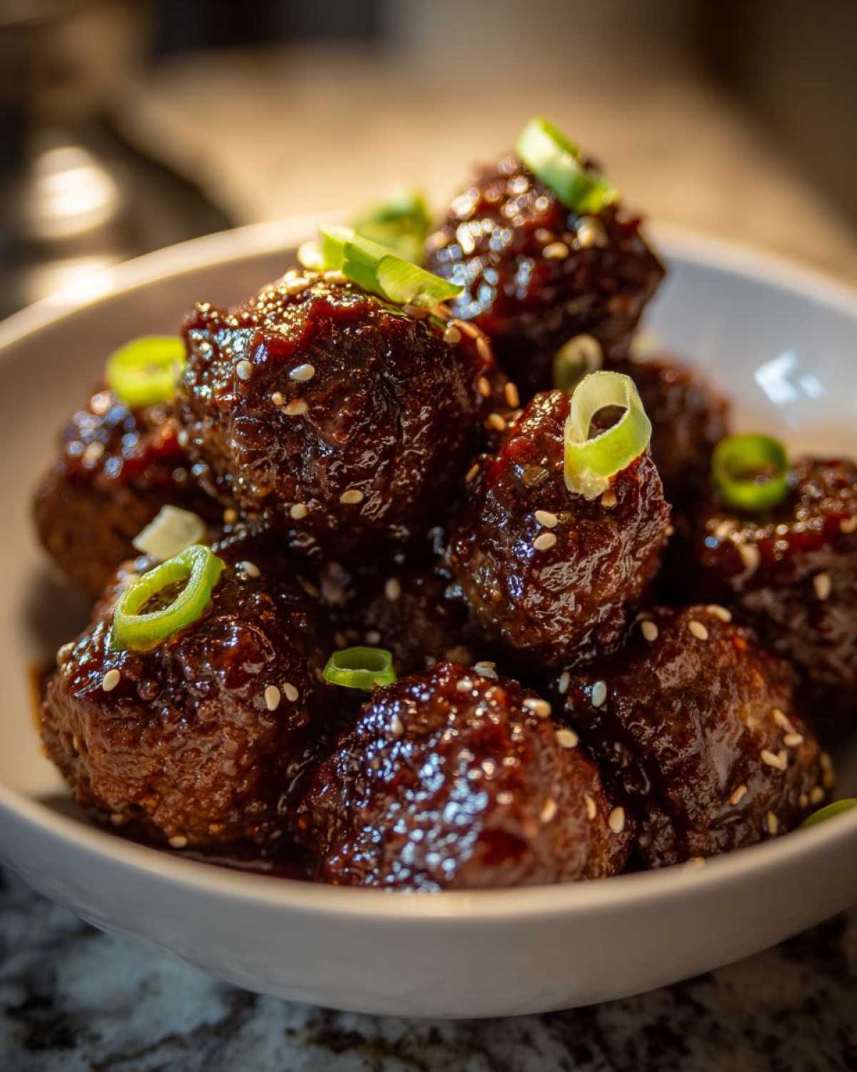 Close-up of Sticky Hoisin Meatballs Asian Appetizer coated in dark glaze, sprinkled with sesame seeds and green onions.