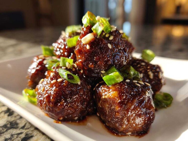 Close-up of glossy Sticky Hoisin Meatballs Asian Appetizer coated in sauce and topped with sesame seeds and green onions.