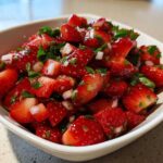 Close-up of vibrant Strawberry Salsa featuring chopped strawberries, red onion, and cilantro in a white bowl.