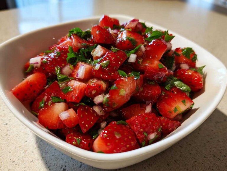 Amazing 30-Minute Strawberry Salsa Magic Close-up of vibrant Strawberry Salsa featuring chopped strawberries, red onion, and cilantro in a white bowl.