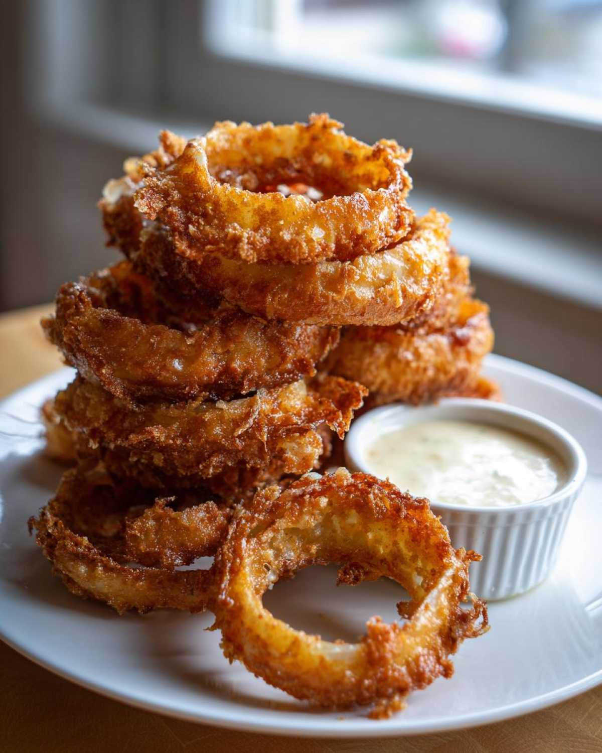 A tall stack of crispy, golden-brown Tennessee Onions rings served with a side of creamy dipping sauce.