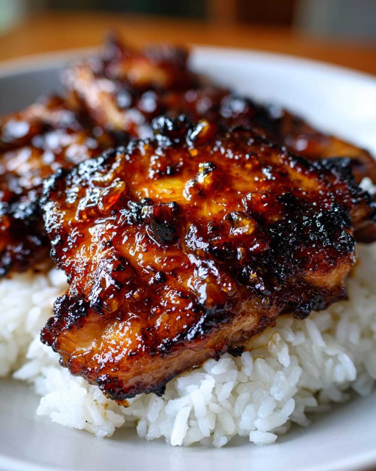 Close-up of glazed Teriyaki Pineapple Chicken Thighs resting on a bed of fluffy white rice.