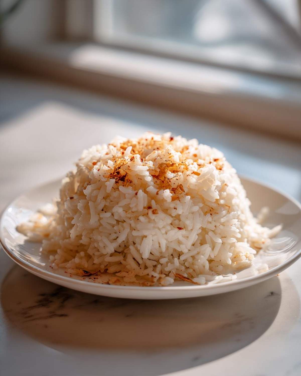 A perfectly molded serving of fluffy white Texas Roadhouse Seasoned Rice topped with visible seasoning flakes.