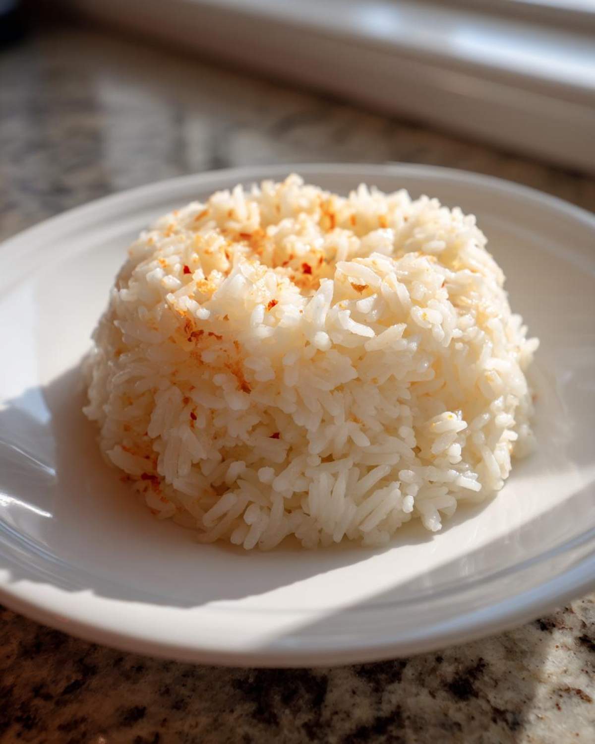 A perfectly molded mound of fluffy white Texas Roadhouse Seasoned Rice, lightly sprinkled with orange seasoning, served on a white plate.