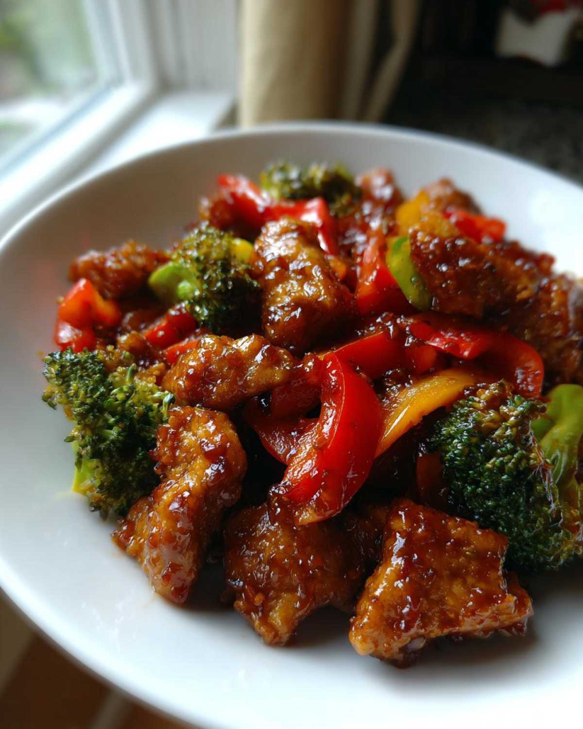 Close-up of glistening, saucy Thai Chicken Sweet and Spicy mixed with bright red peppers and green broccoli florets in a white bowl.