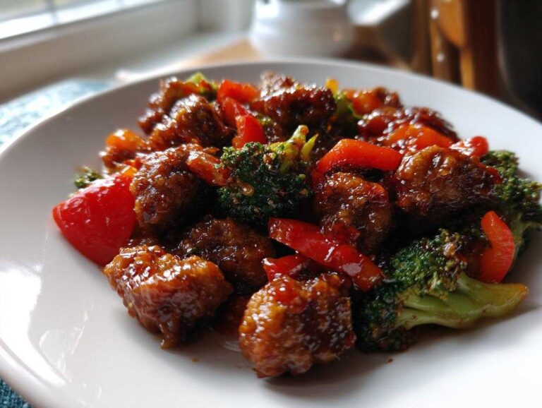A close-up of glazed, saucy pieces of Thai Chicken Sweet and Spicy mixed with bright red bell peppers and green broccoli florets on a white plate.