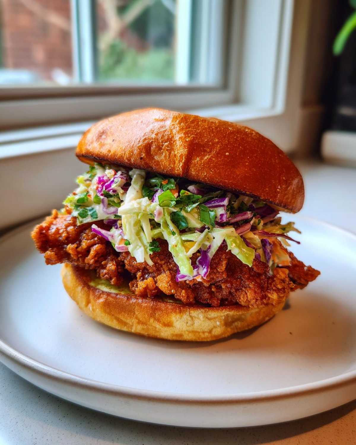 A close-up of a delicious Thai Fried Chicken Sandwich Asian style on a brioche bun with colorful slaw.