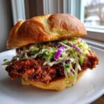 A close-up of a delicious Thai Fried Chicken Sandwich Asian style featuring crispy glazed chicken and colorful slaw on a brioche bun.