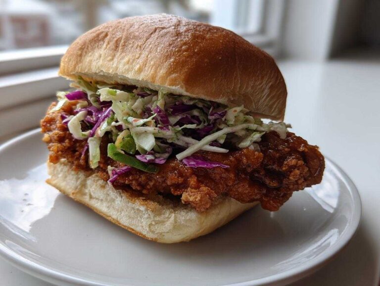 A close-up of a Thai Fried Chicken Sandwich Asian with crispy fried chicken and colorful coleslaw on a soft bun.