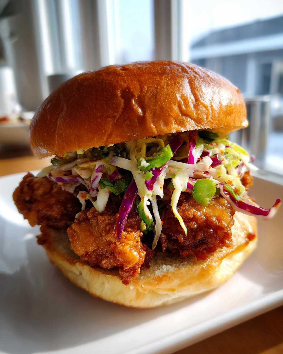 A close-up of a delicious Thai Fried Chicken Sandwich Asian style on a brioche bun with colorful slaw.