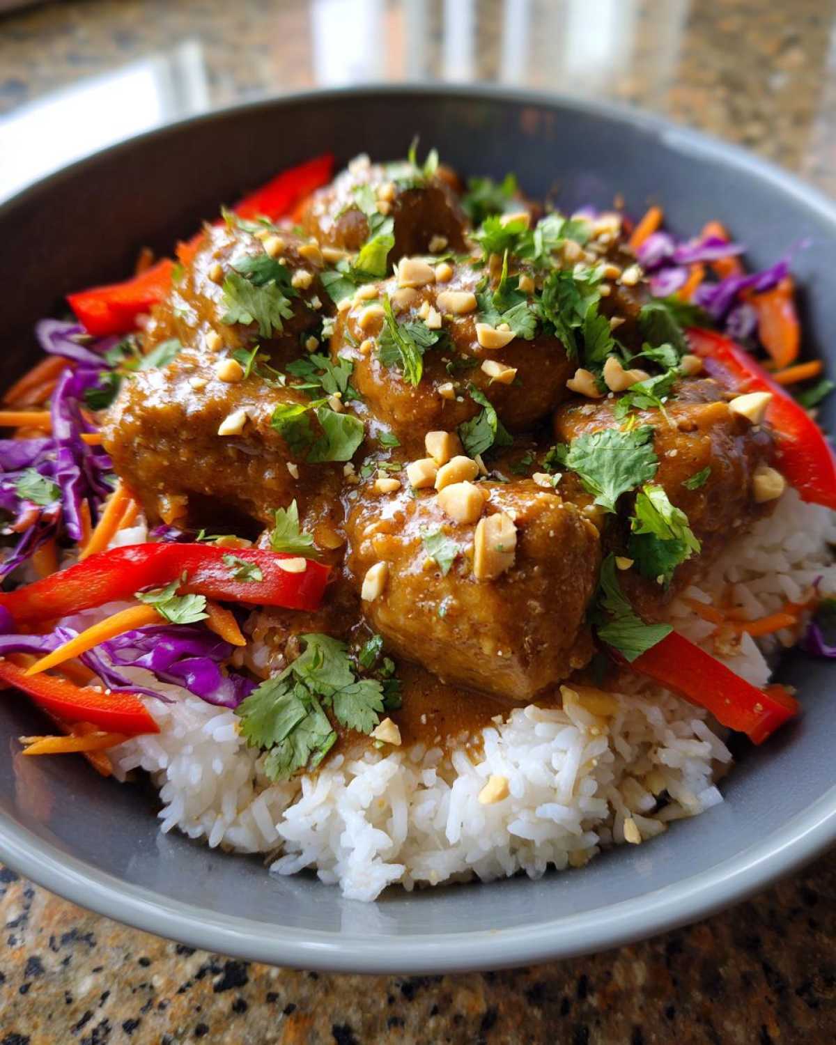 A close-up of a Thai Peanut Chicken Bowl featuring chicken pieces in peanut sauce over white rice, topped with cilantro, peanuts, and colorful slaw.
