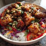A close-up of a vibrant Thai Peanut Chicken Bowl featuring glazed chicken pieces over white rice and colorful shredded vegetables.