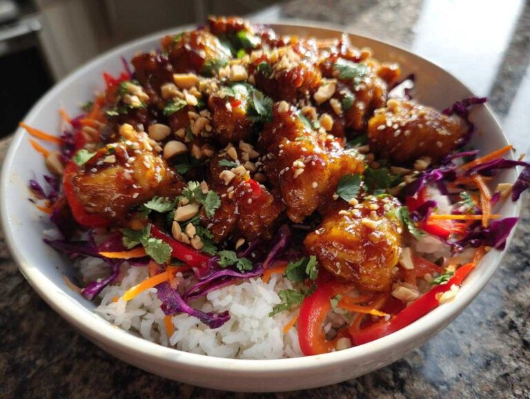 A close-up of a vibrant Thai Peanut Chicken Bowl featuring glazed chicken pieces over white rice and colorful shredded vegetables.