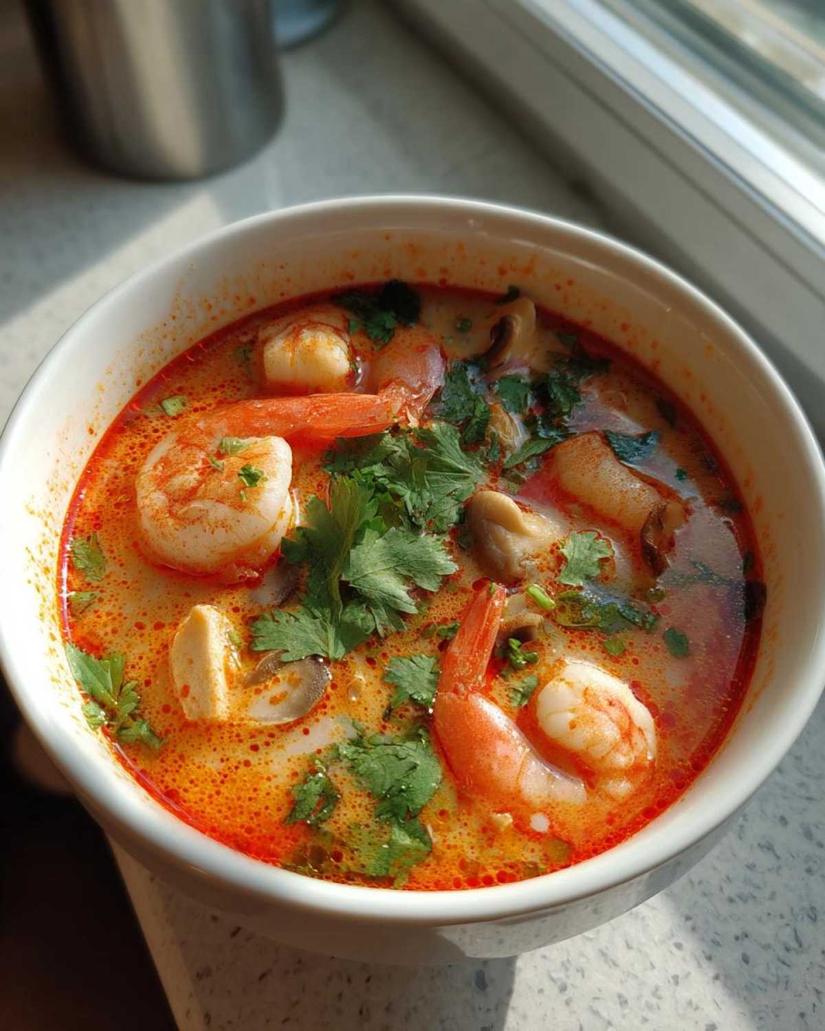 Close-up of a steaming bowl of rich, orange-red Thai Shrimp Soup, filled with large shrimp, mushrooms, and fresh cilantro.