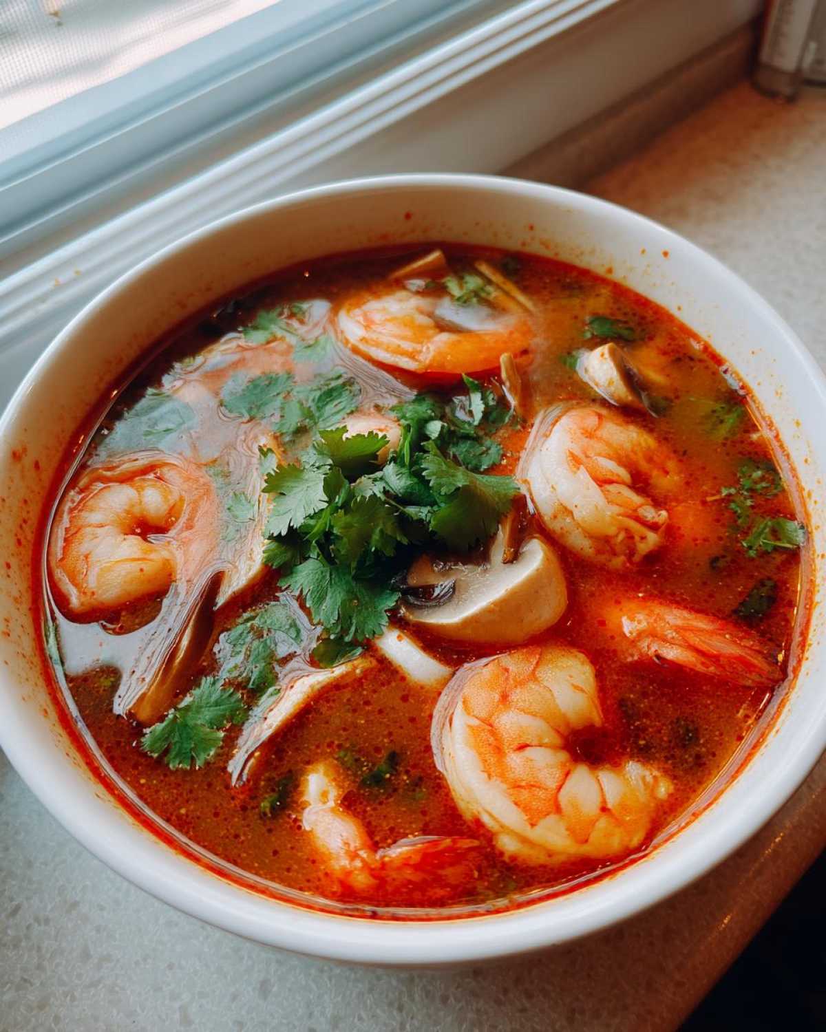 Close-up overhead view of a bowl of vibrant, spicy Thai Shrimp Soup filled with large shrimp, mushrooms, and fresh cilantro.